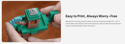 Hand holding a green 3D printed object with text about printing ease and reliability.
