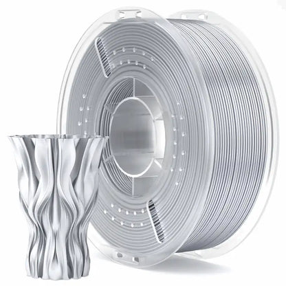 Spool of white filament and a 3D printed vase with wavy design on a white background