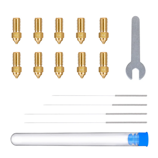 A 10-piece 3D printing filament nozzle kit with brass nozzles, a silver wrench, three metal cleaning rods, and a clear plastic tube with a blue cap, arranged on a white background.