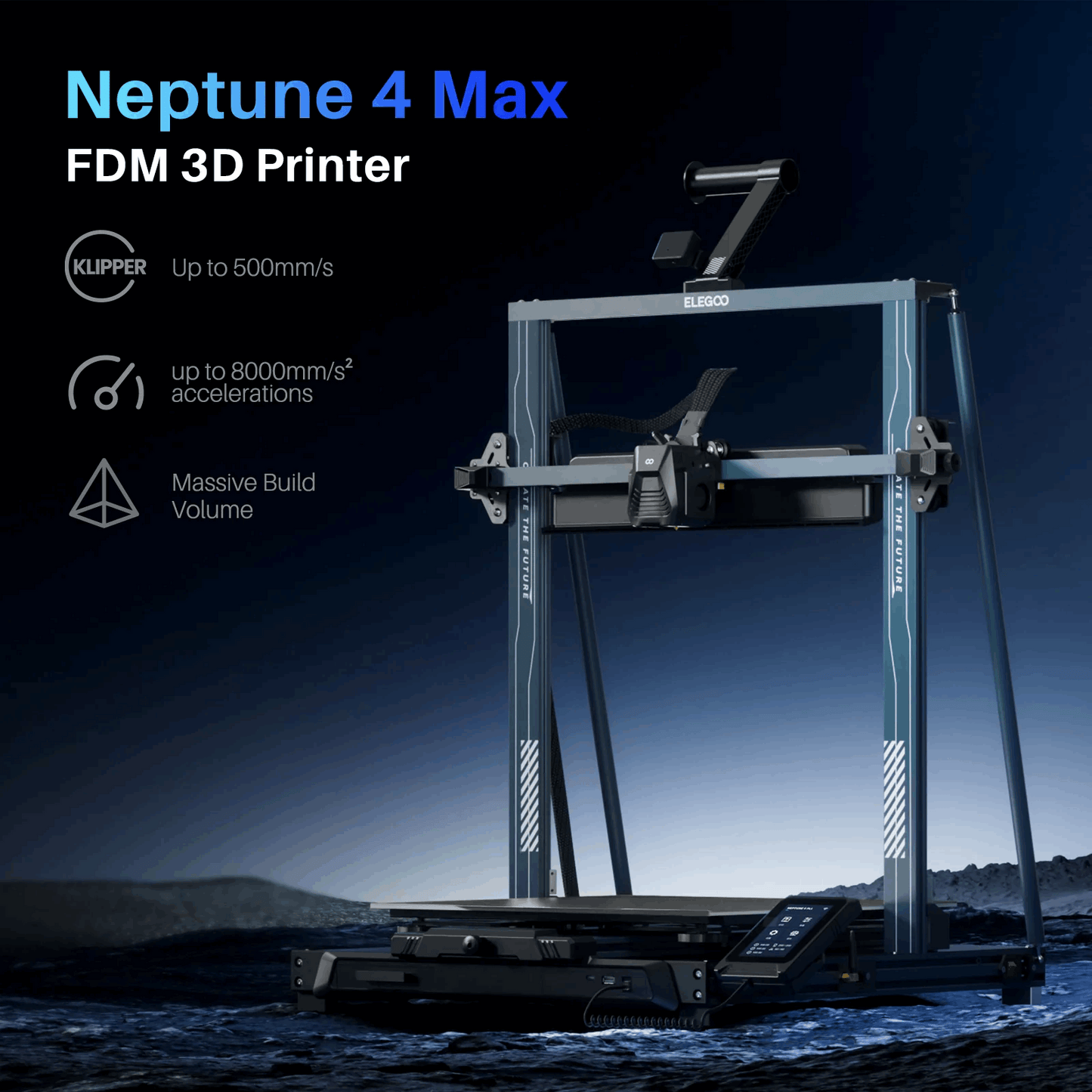 Neptune 4 Max FDM 3D Printer with specifications on a dark background