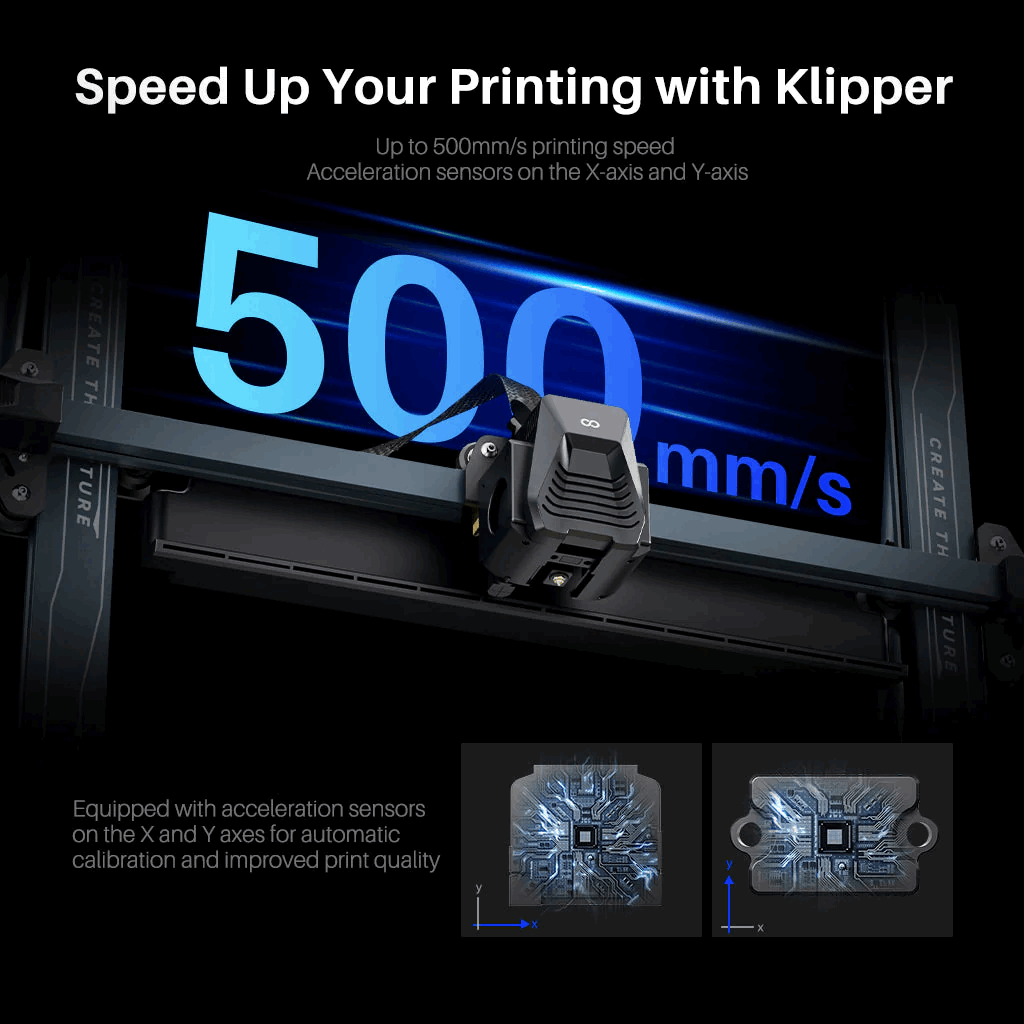 Klipper printer controller with text highlighting speed and features on a dark background