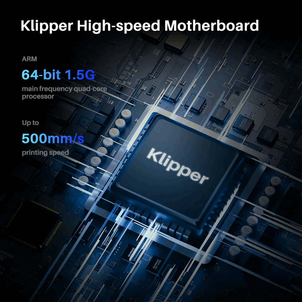 Klipper high-speed motherboard with technical specifications on a dark background