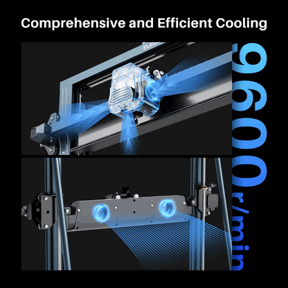 3D printer with cooling system and text 'Comprehensive and Efficient Cooling' on a black background.