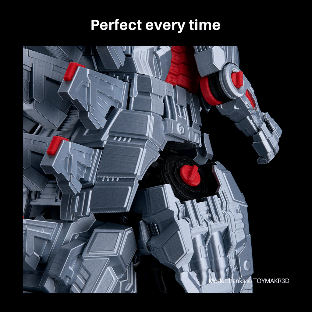 Gray and red robot toy with 'Perfect every time' text above it
