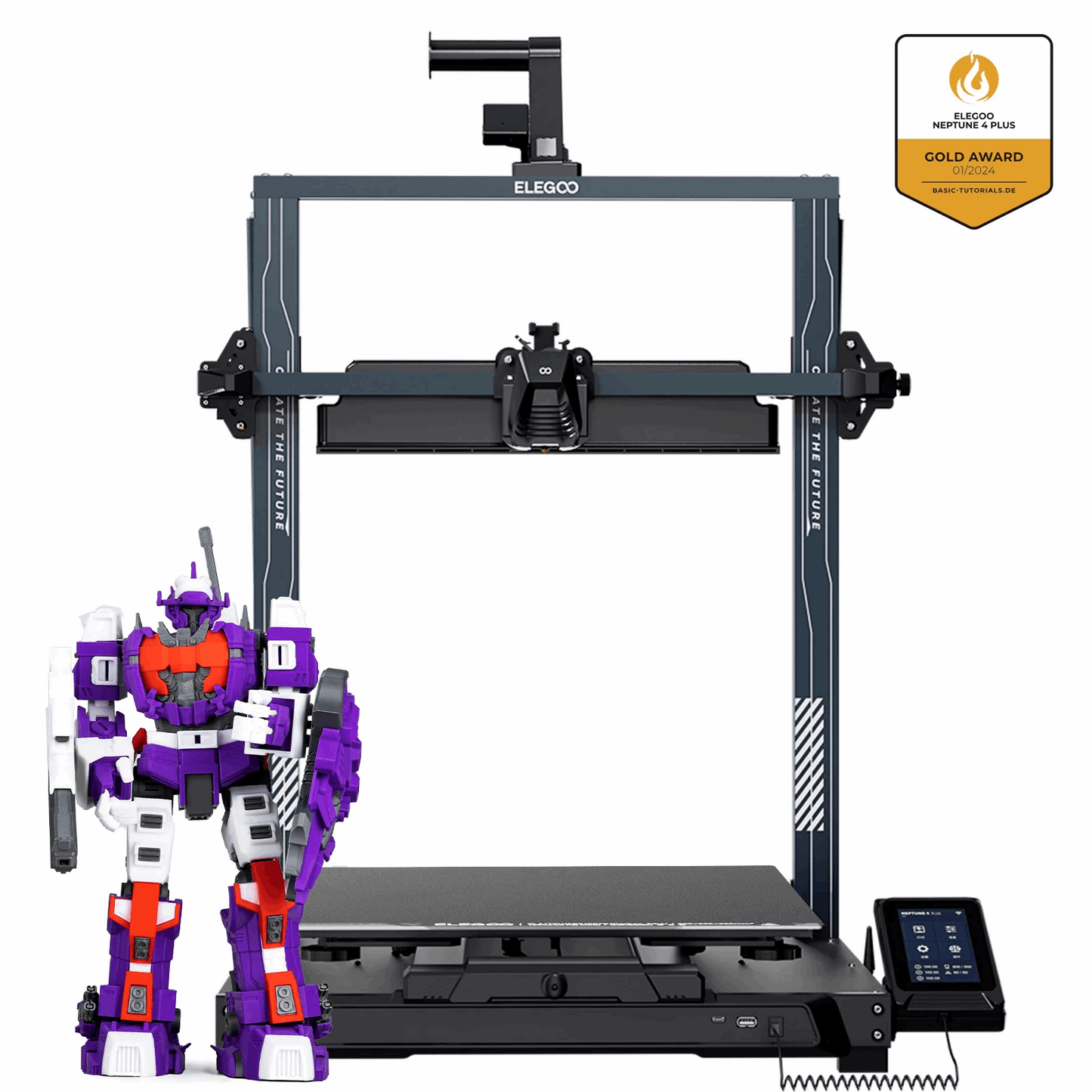 3D printer with a robot model on a white background, featuring the Elegoo brand.