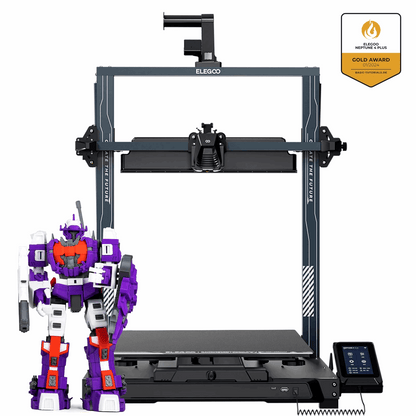 3D printer with a robot model on a white background, featuring the Elegoo brand.