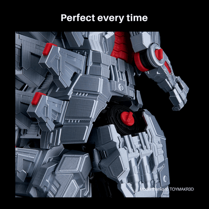 Gray and red robot toy with 'Perfect every time' text on a black background