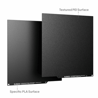 Two black ELEGOO printing surfaces with labeled textured PEI and Specific PLA surfaces on a white background.