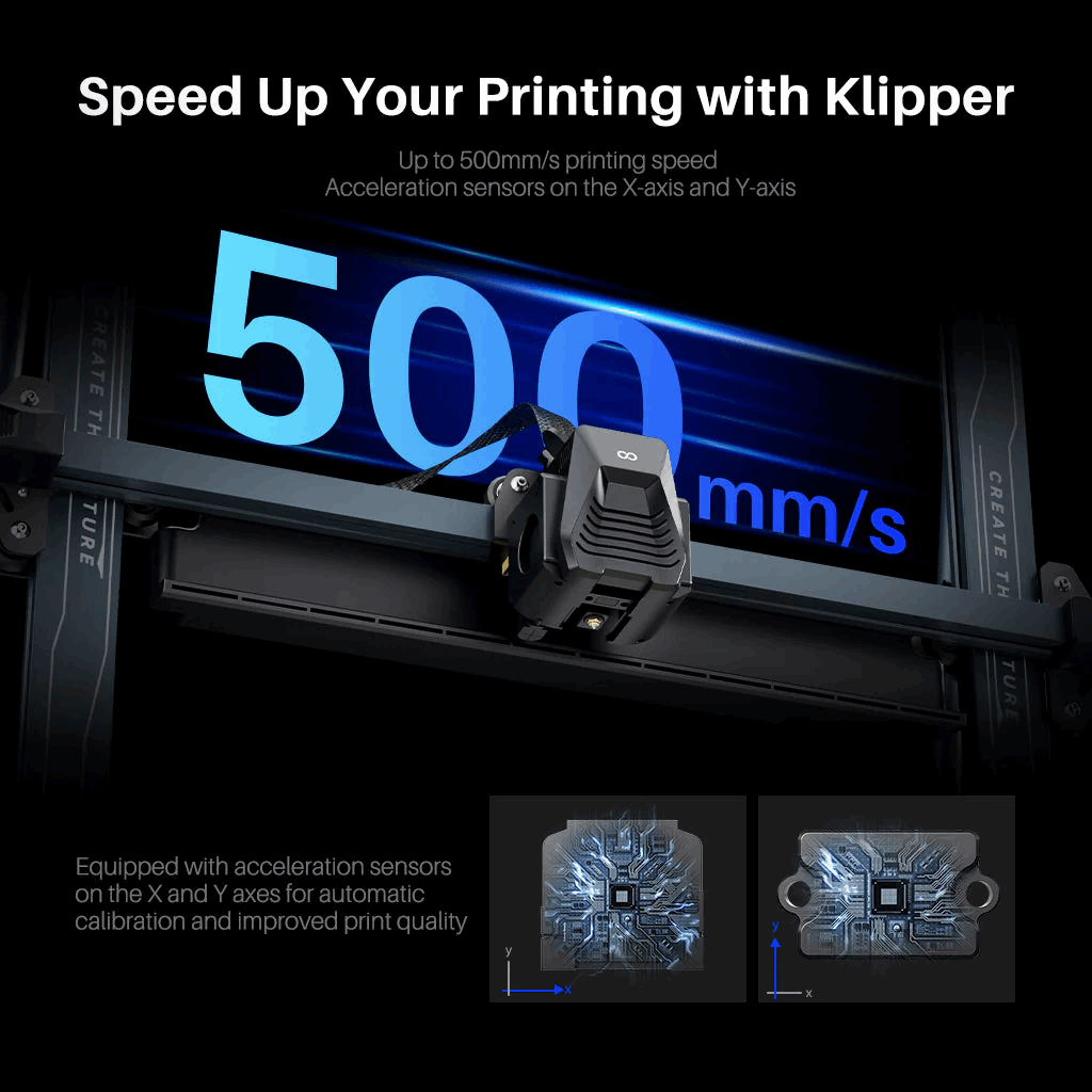 Klipper printer with text highlighting speed and features on a dark background