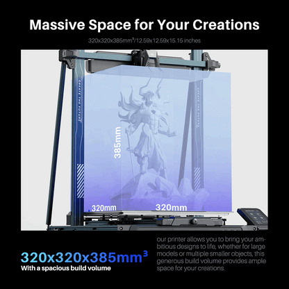 3D printer with a large build volume displaying a detailed model, text indicating size and features.