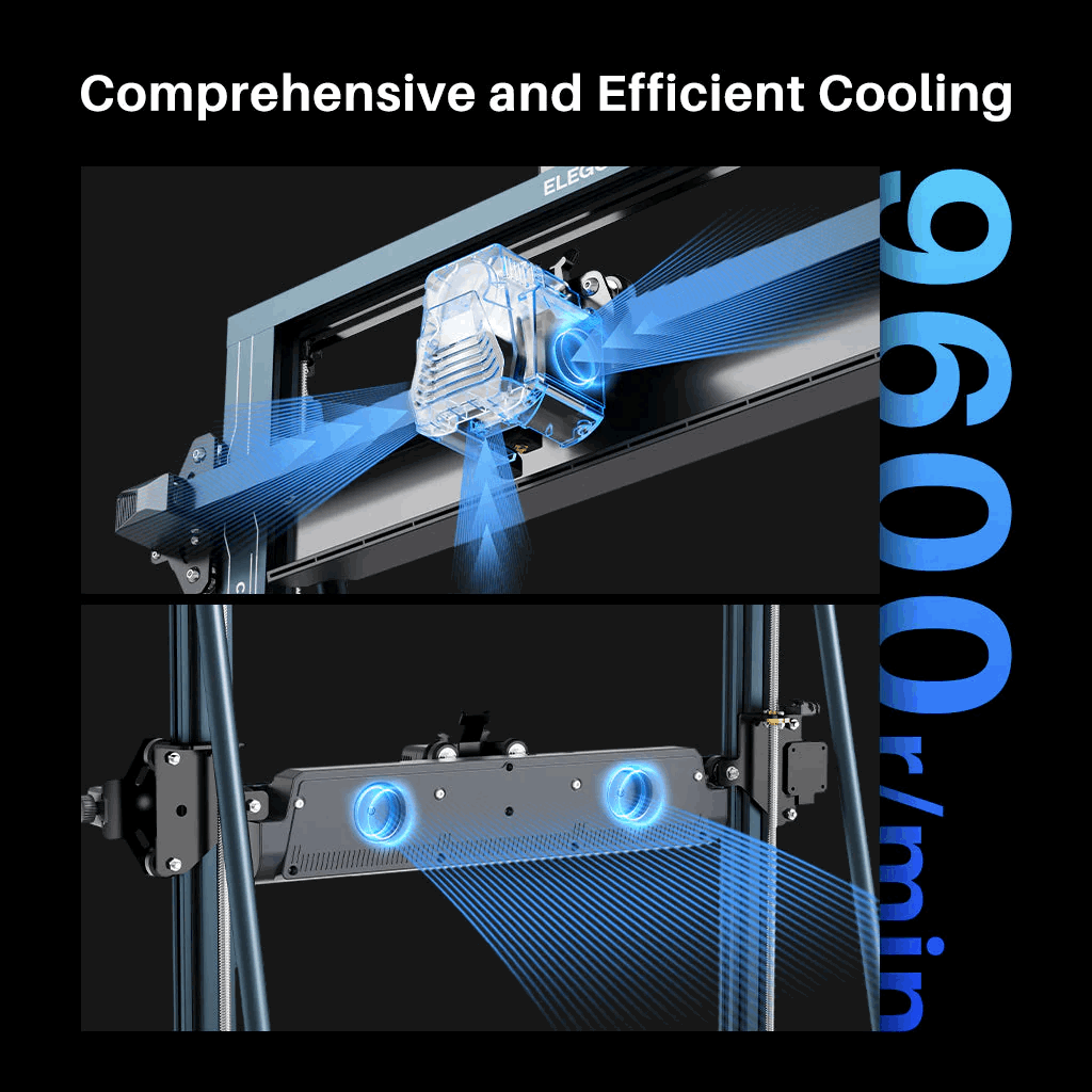 Cooling system with blue arrows and text indicating efficiency on a black background
