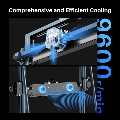 Cooling system with blue arrows and text indicating efficiency on a black background