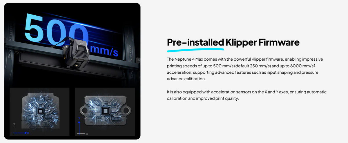 Promotional graphic for a 3D printer firmware update, featuring a black Neptune 4 Max printer with glowing blue text reading '500 mm/s' on the left, and descriptive text on the right about pre-installed Klipper firmware and printing speeds.