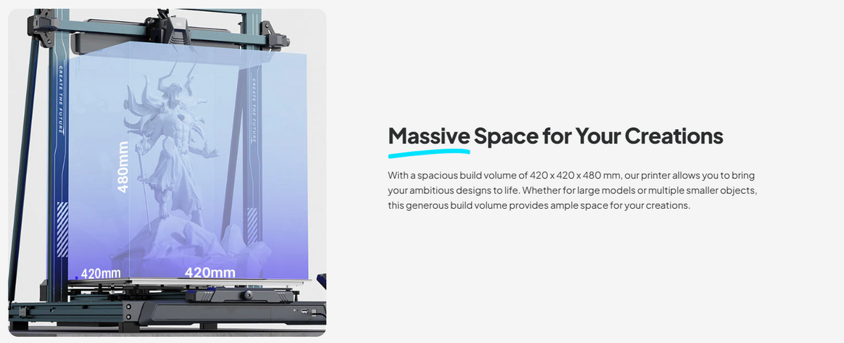 A 3D printer shown on the left with a large printed preview of the Statue of Liberty, alongside marketing text on the right that reads 'Massive Space for Your Creations' and describes generous build volume.