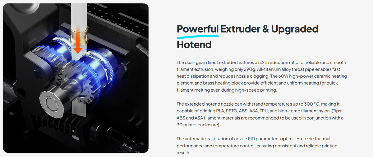 A promotional product graphic showing a close-up of a hotend extruder nozzle with blue cooling fluid and an orange flame tip, alongside text describing the powerful extruder and upgraded hotend features.