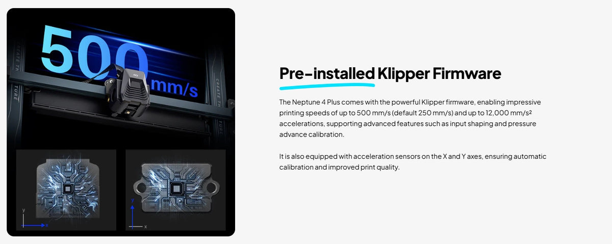 A promotional product graphic showing a 3D-rendered laser engraver on the left with text on the right reading 'Pre-Installed Klipper Firmware' and additional descriptive copy about printing speed and acceleration improvements.