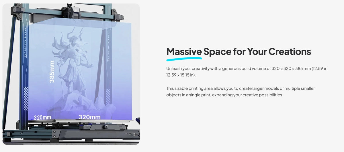 A 3D printer shown on the left with a large printed preview panel displaying a fantasy figure, alongside marketing text on a white background reading 'Massive Space for Your Creations' and dimensions 320mm x 320mm.