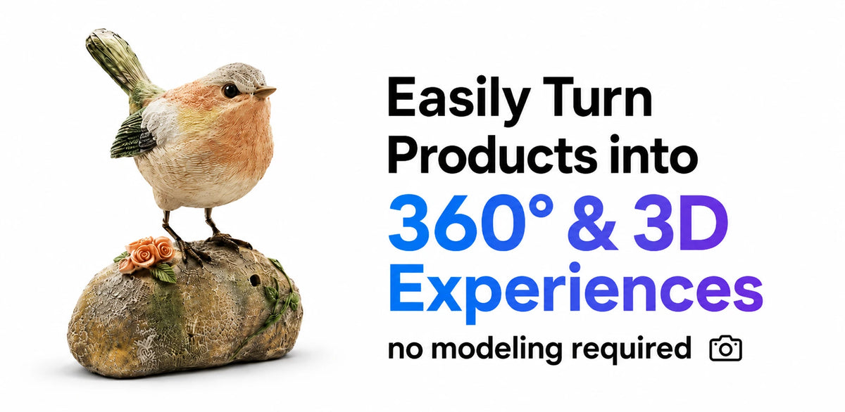 Bird figurine on a rock with text about 360° and 3D experiences