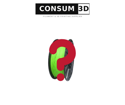 A spool of bright neon green 3D printing filament on a black spool, with a large red question mark overlay covering the center. The brand logo 'CONSUM 3D' is displayed at the top on a white background.