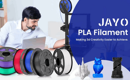 Person using a 3D printer with JAYO PLA Filament displayed prominently.