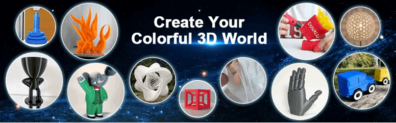 Promotional banner for creating a colorful 3D world with various objects displayed.