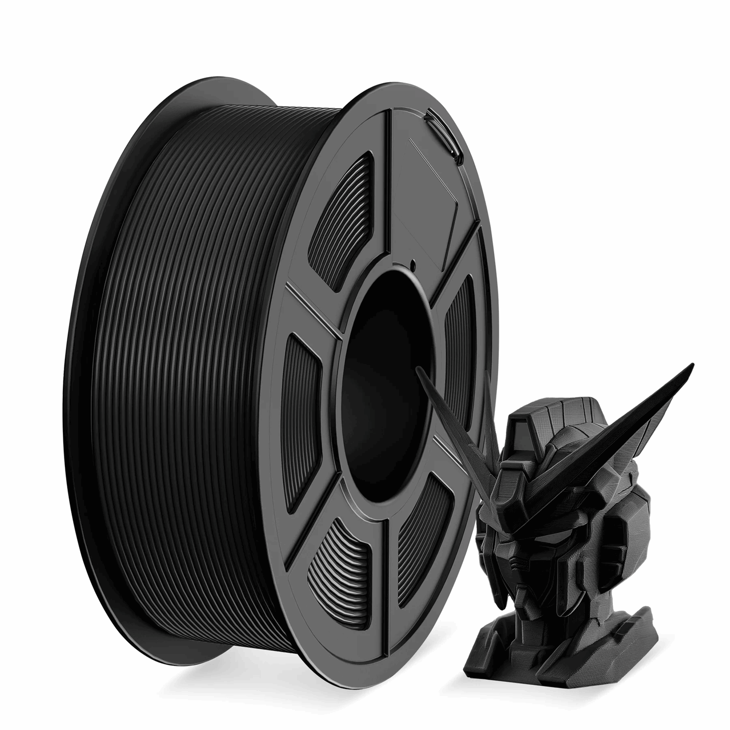 Spool of black filament and 3D printed model on a white background