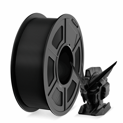 Spool of black filament and 3D printed model on a white background