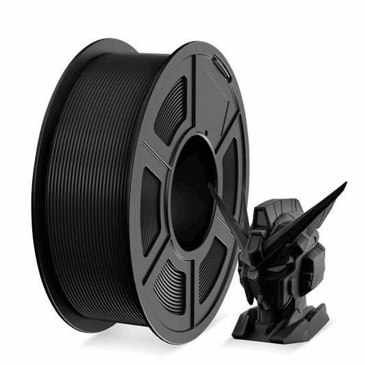 Spool of black filament and 3D printed model on a white background