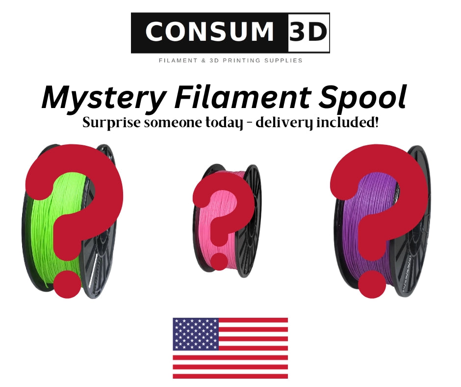 Promotional graphic for a Consum 3D Mystery Filament Spool, showing three spools of filament in green, pink, and purple, each covered by a large red question mark, with an American flag icon below on a white background.
