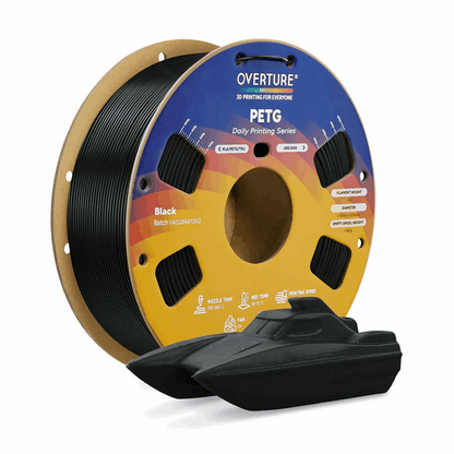 Spool of Overture PETG 3D printing filament on a white background