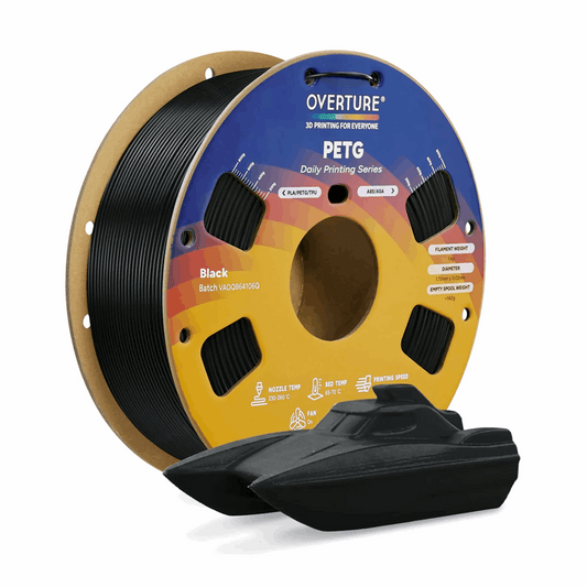 Spool of Overture PETG 3D printing filament on a white background