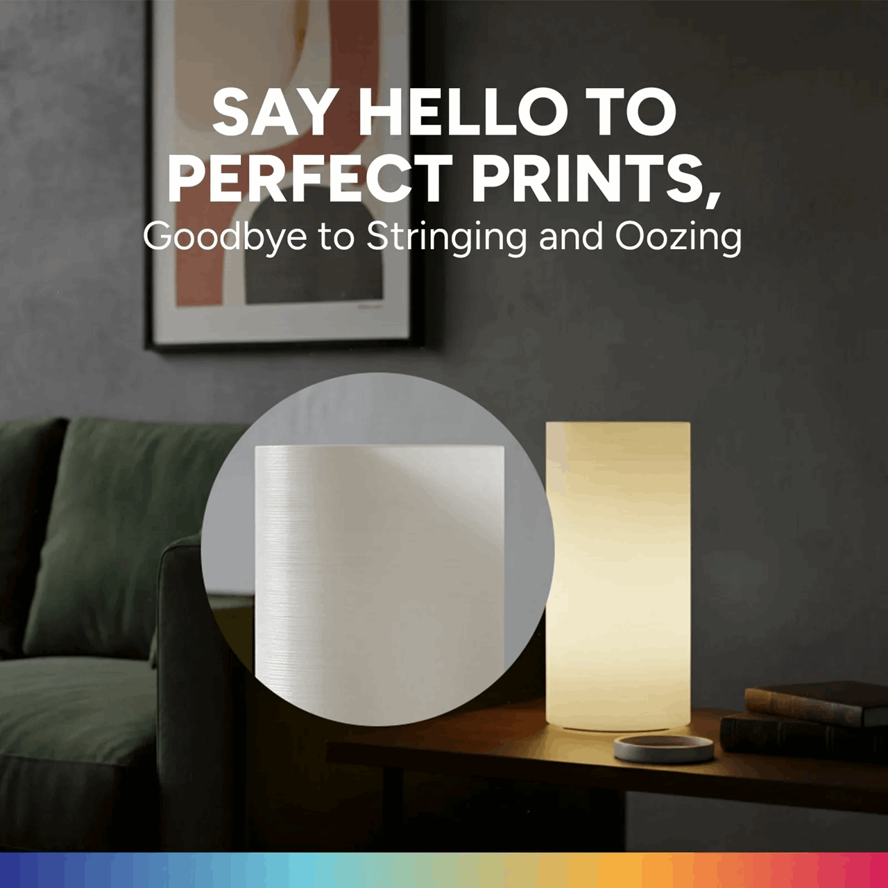 Table lamp on a side table with text about perfect prints in a room setting.