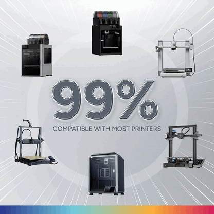 Collage of 3D printers with text '99% compatible with most printers' on a white background.