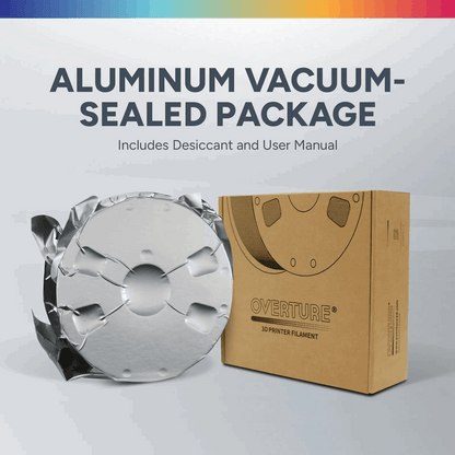 Aluminum vacuum-sealed package with desiccant and user manual, featuring the Overture brand.