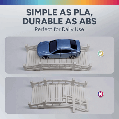 Model of a blue car and white architectural structure with text about material properties on a gradient background.