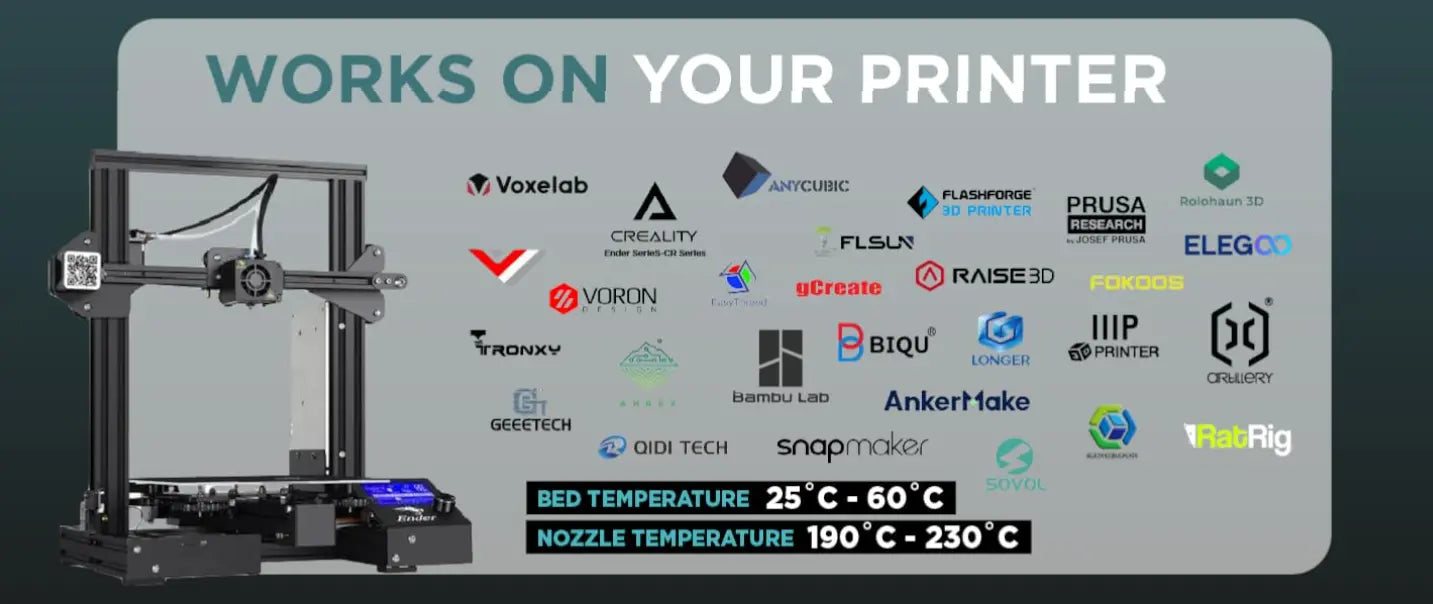 3D printer with compatibility logos on a dark background