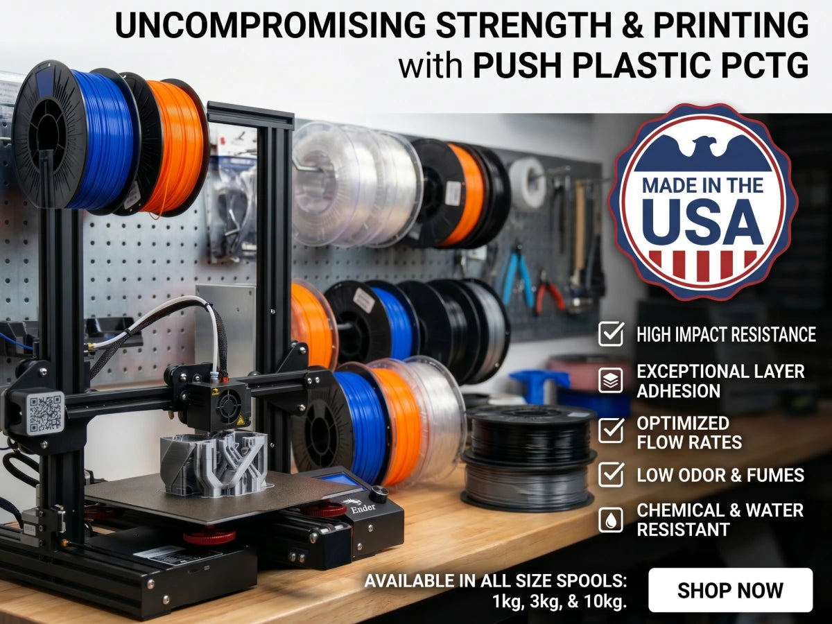 3D printer with spools of filament and promotional text about push plastic PCTG material.