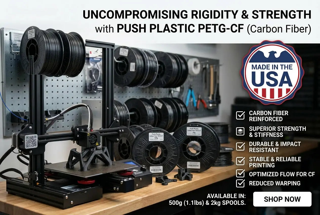 3D printer with spools of Push Plastic PETG-CF filament, emphasizing rigidity and strength, with a 'Made in USA' badge.