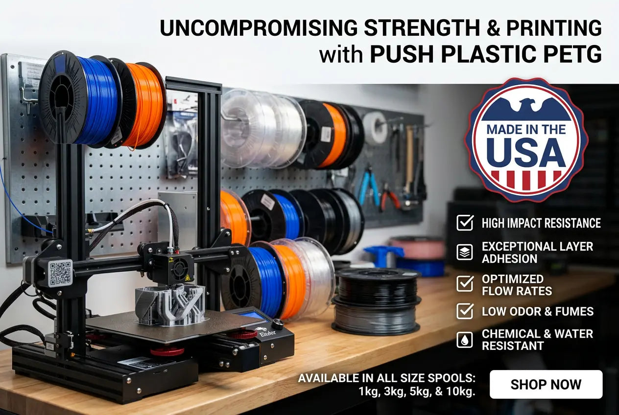 3D printer with spools of filament and promotional text about Push Plastic PETG material.