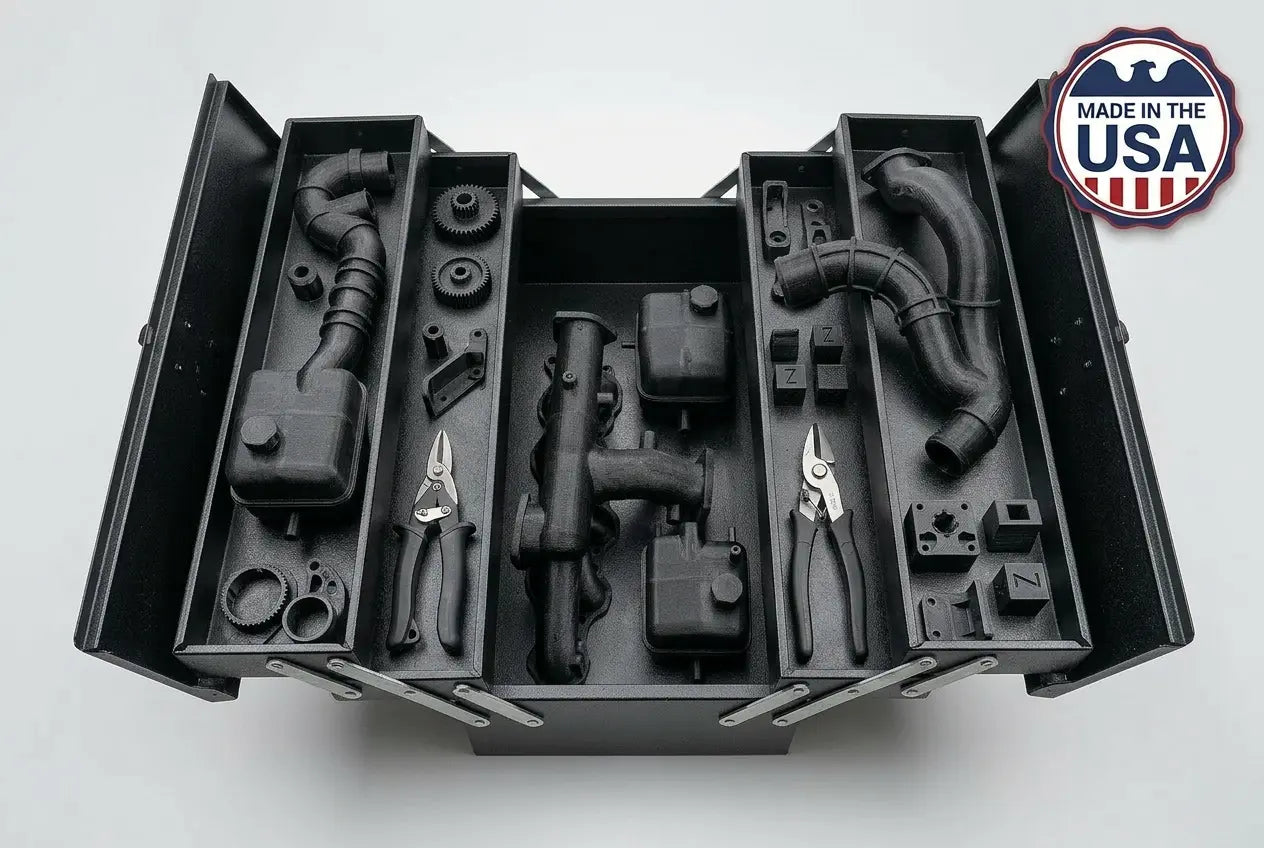 Tool set with tools and components in a black tray, featuring 'Made in the USA' label.