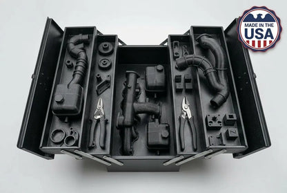 Tool set with tools and components in a black tray, featuring 'Made in the USA' label.