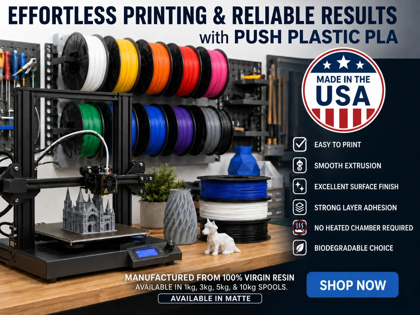 Push Plastic PLA Banner with colors and prints as examples.