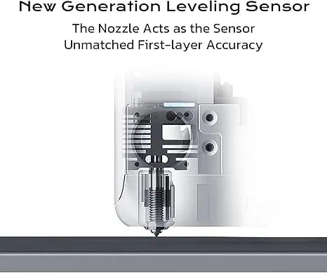 3D printer nozzle with text about new generation leveling sensor and unmatched first-layer accuracy.