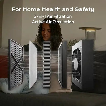 Air filtration system with text 'For Home Health and Safety' and '3-in-1 Air Filtration Active Air Circulation'.
