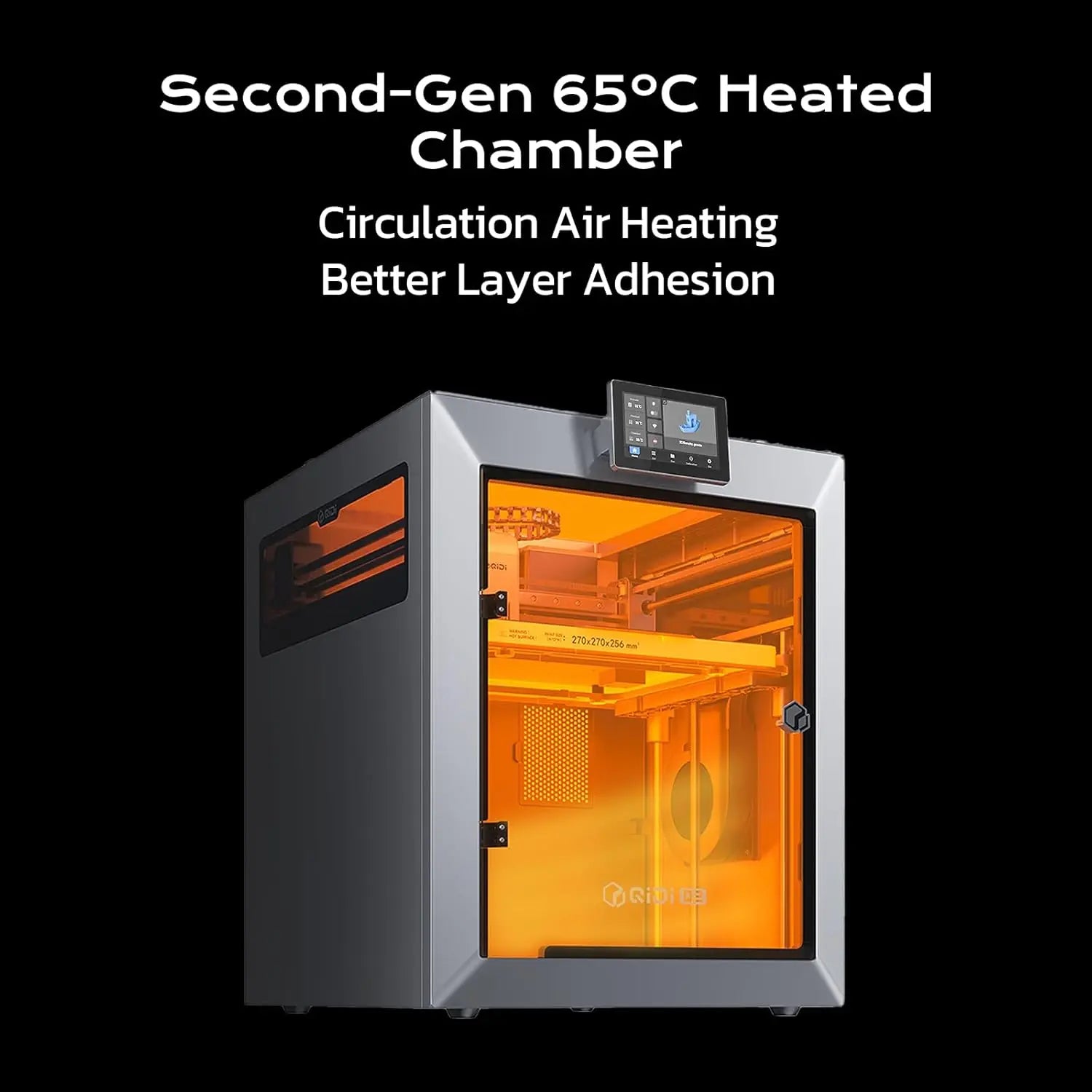 Heated chamber with glowing interior on a black background, featuring text about its features.