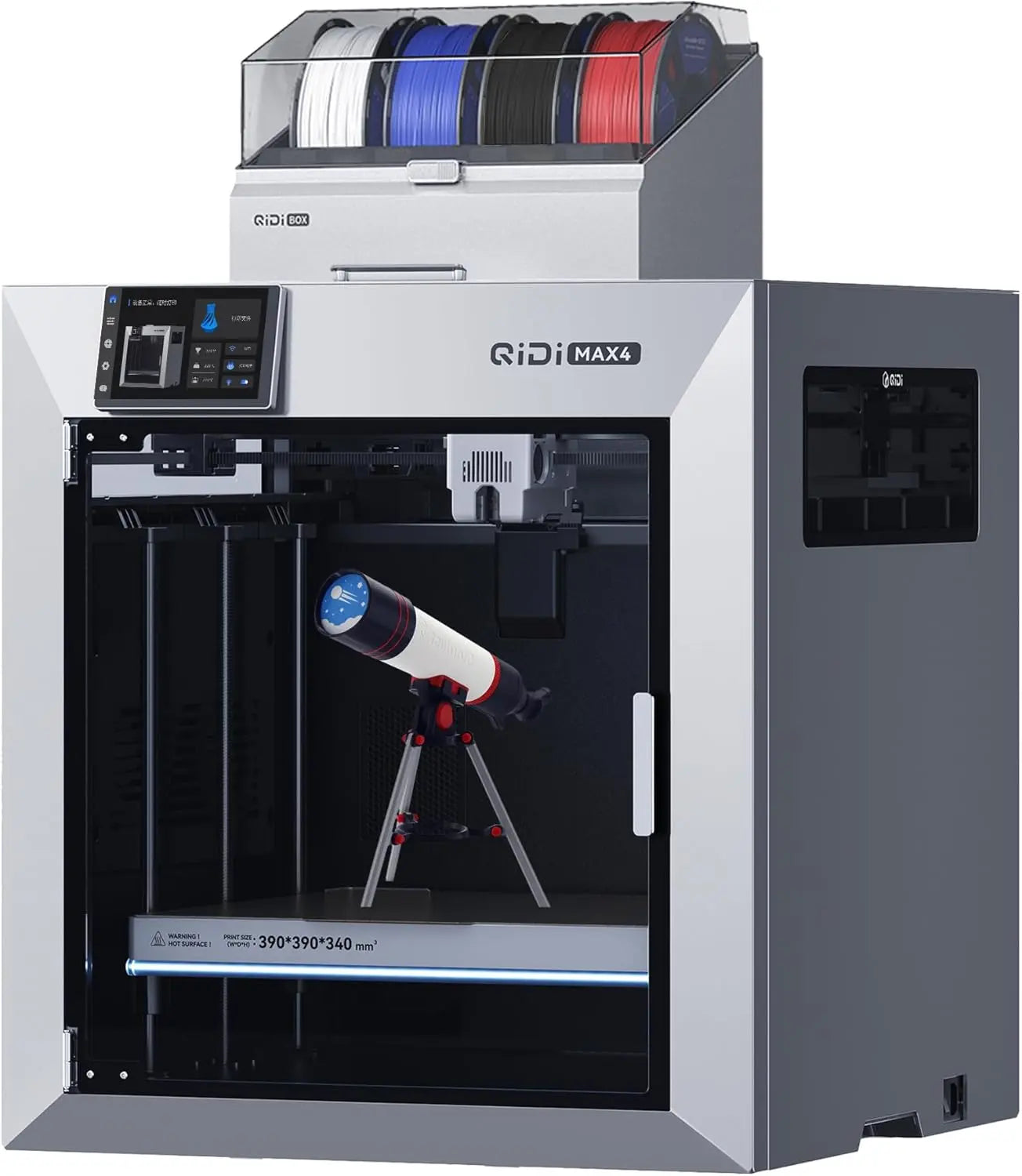 3D printer with a telescope model inside, branded 'QiDi MAX4'.