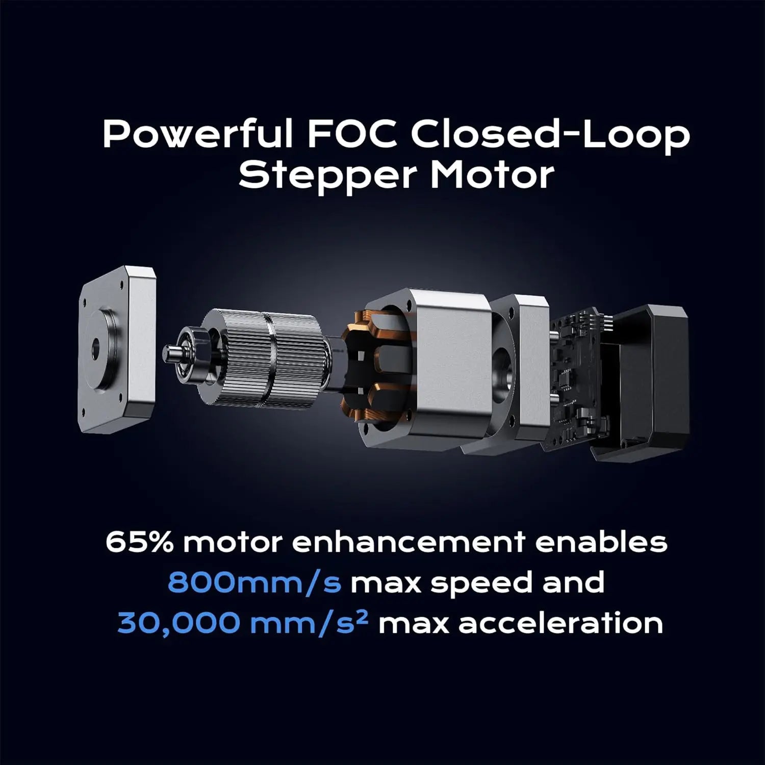 Stepper motor with technical specifications on a dark background