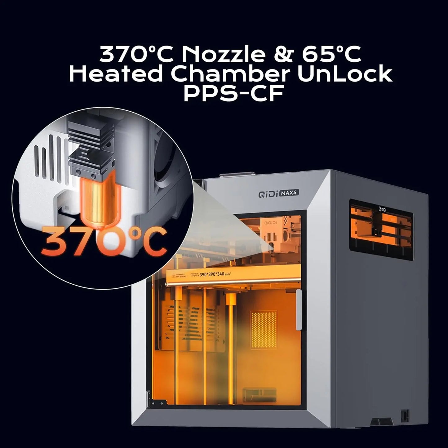 3D printer with text indicating temperature settings on a black background