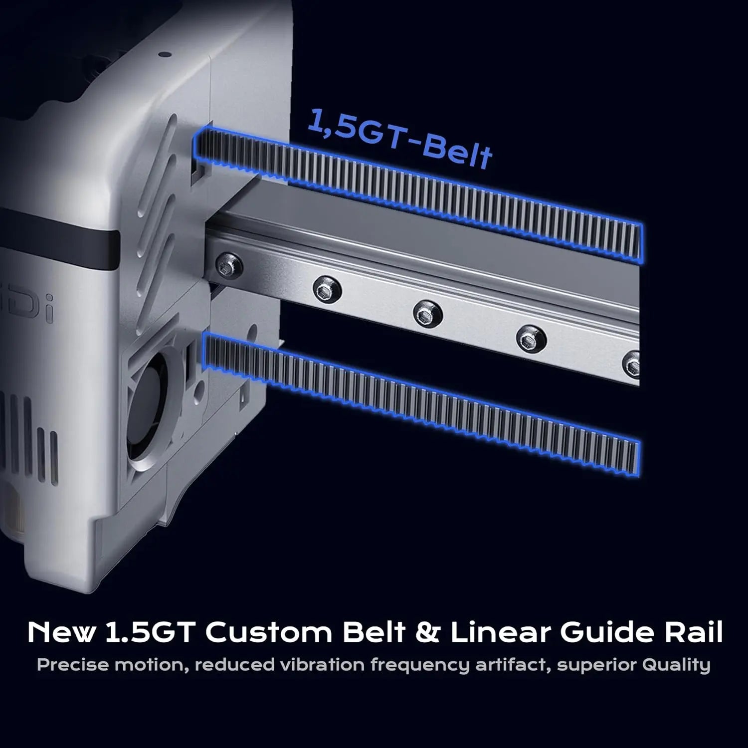 Mechanical component with '1.5GT-Belt' and 'Linear Guide Rail' on a black background