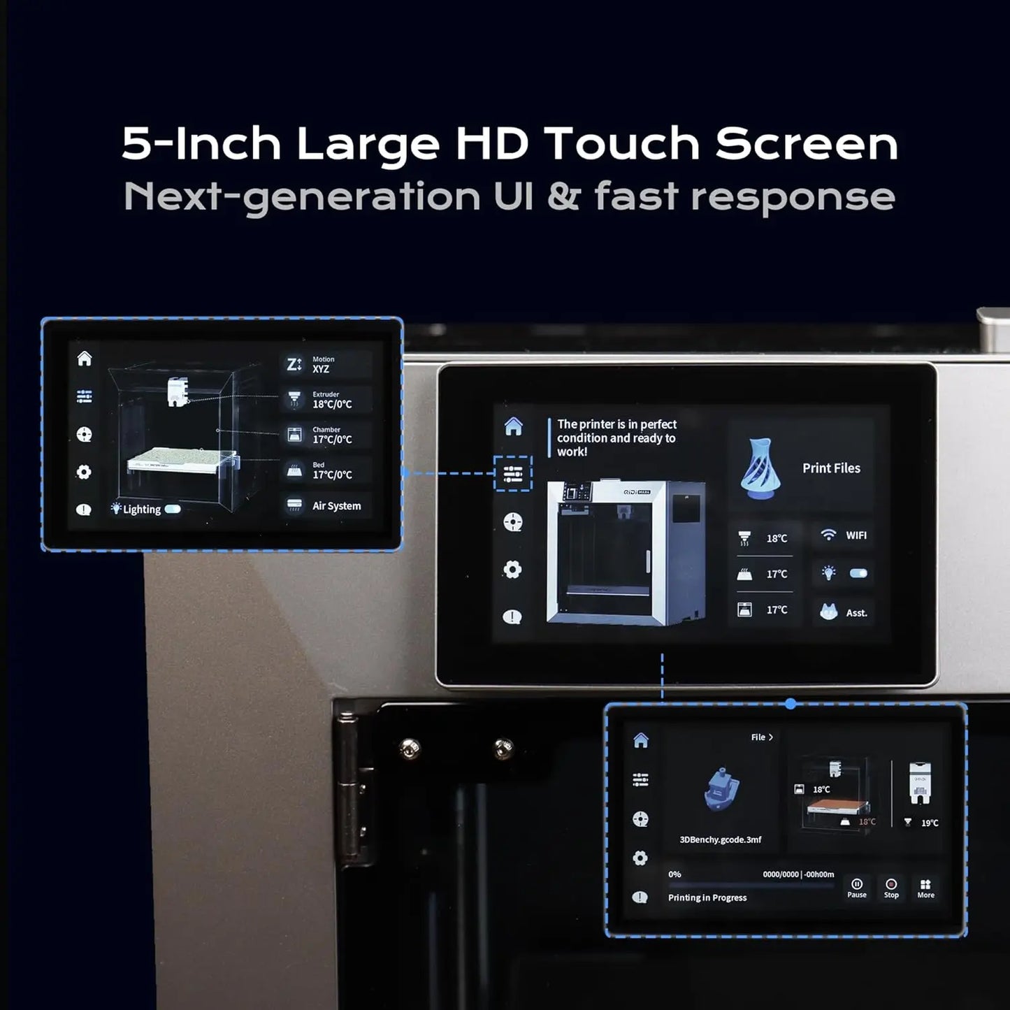 Large HD touch screen with user interface on a dark background
